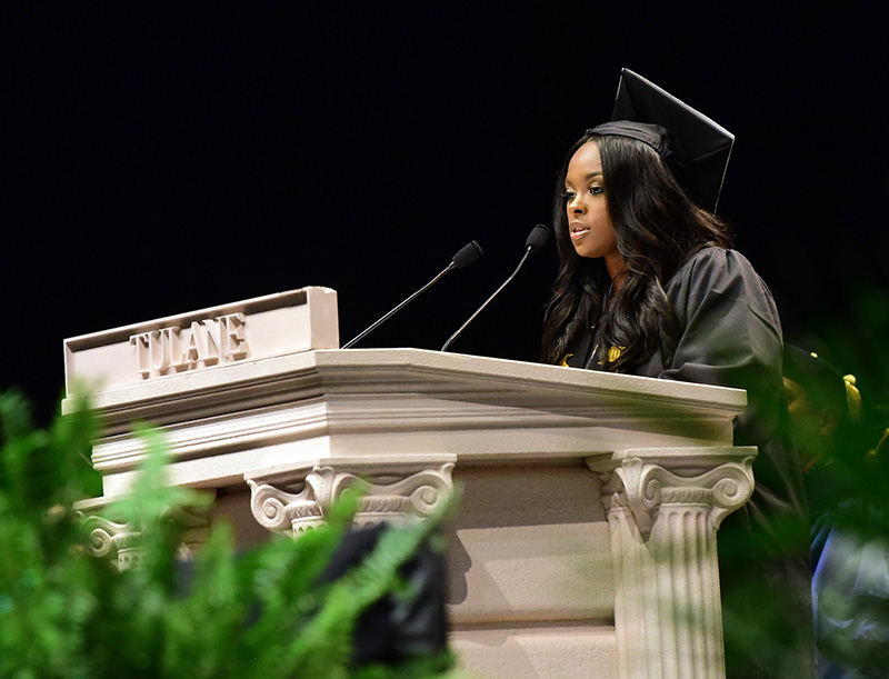 Zharia Jeffries delivering her speech at the 2019 School of Liberal Arts Diploma Ceremony