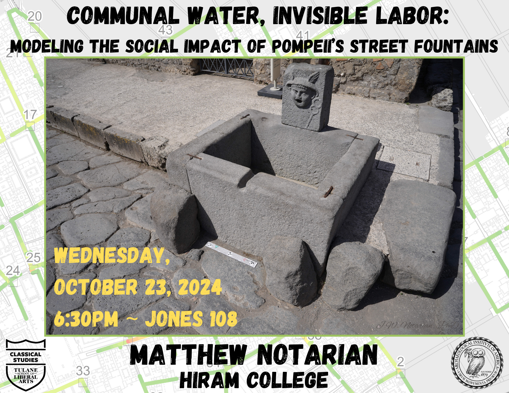 Lecture flyer with a street fountain