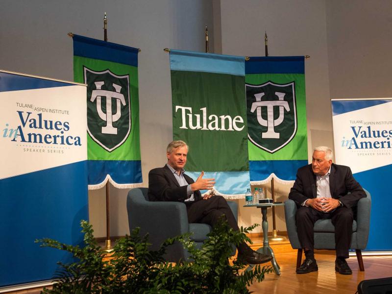 Jon Meacham, left, and Tulane professor Walter Isaacson, lead a discussion titled, &quot;When Americ