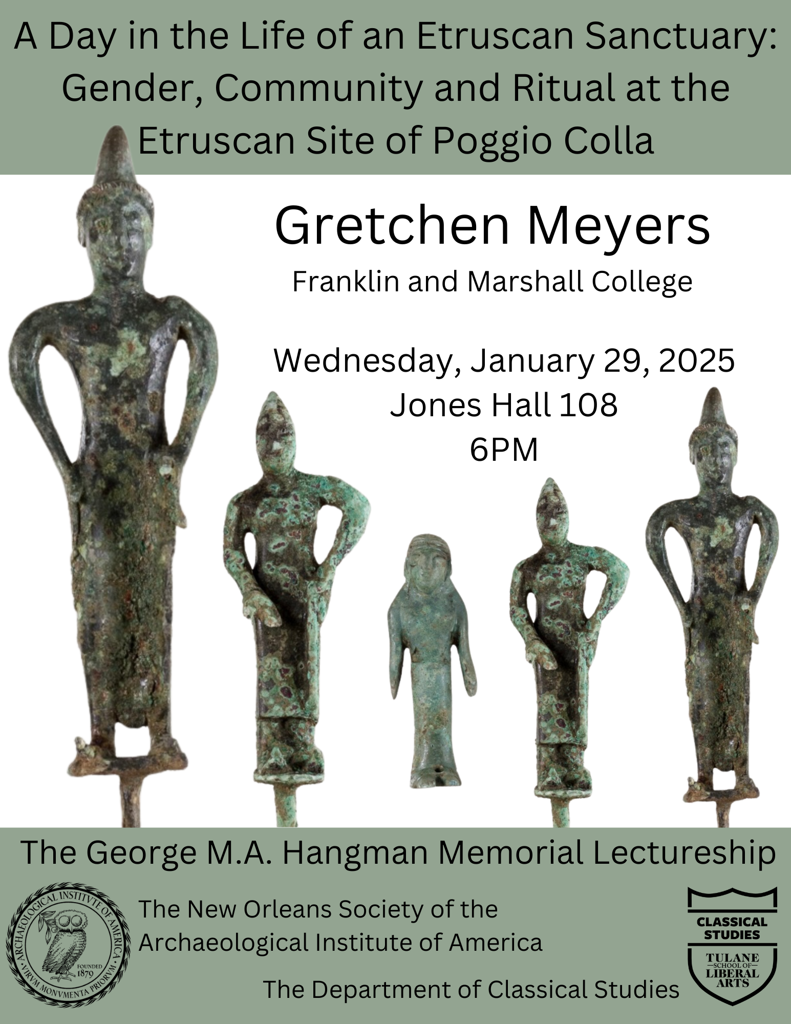 Promotional poster for a lecture featuring ancient bronze figurines and event details.