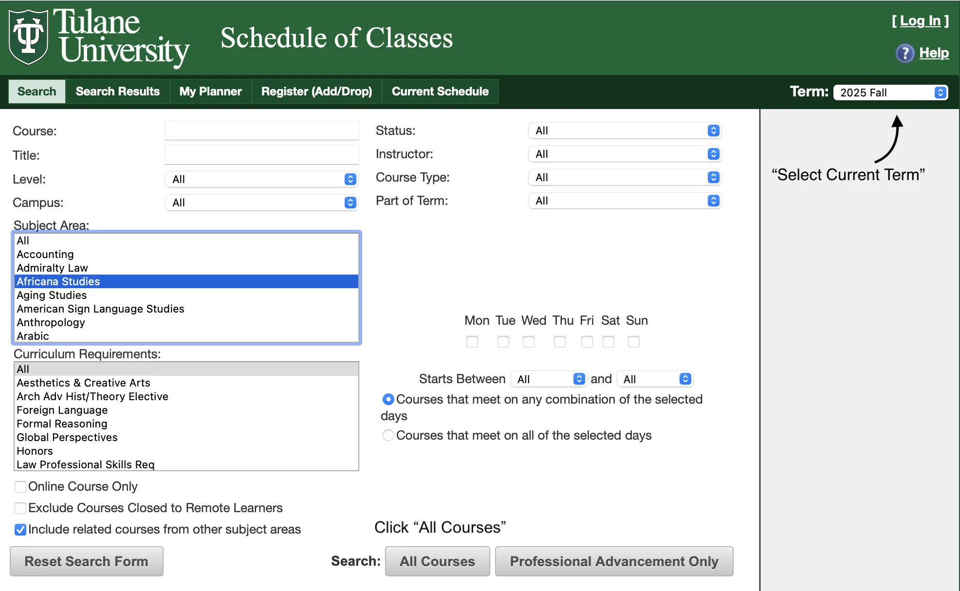 Schedule of Classes instructions for Africana Studies at Tulane