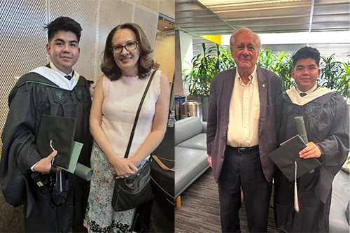 Sam Tarpley (’25) with Professors Lidia Zhigunova and William Brumfield