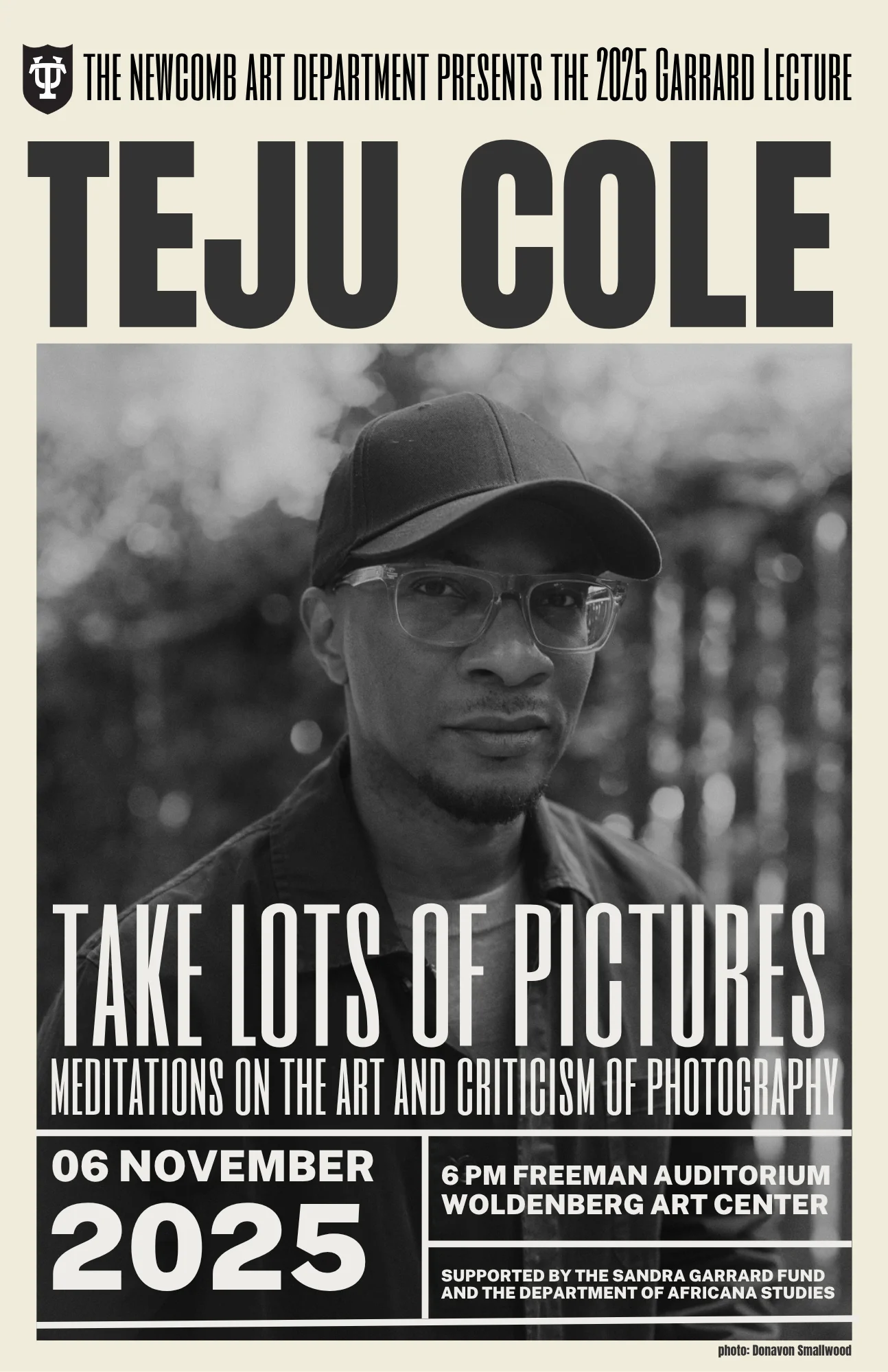Lecture poster for 2025 Sandra Garrard Memorial Lecture by Teju Cole