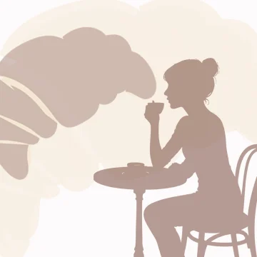 Illustration of person in a coffee shop and croissant