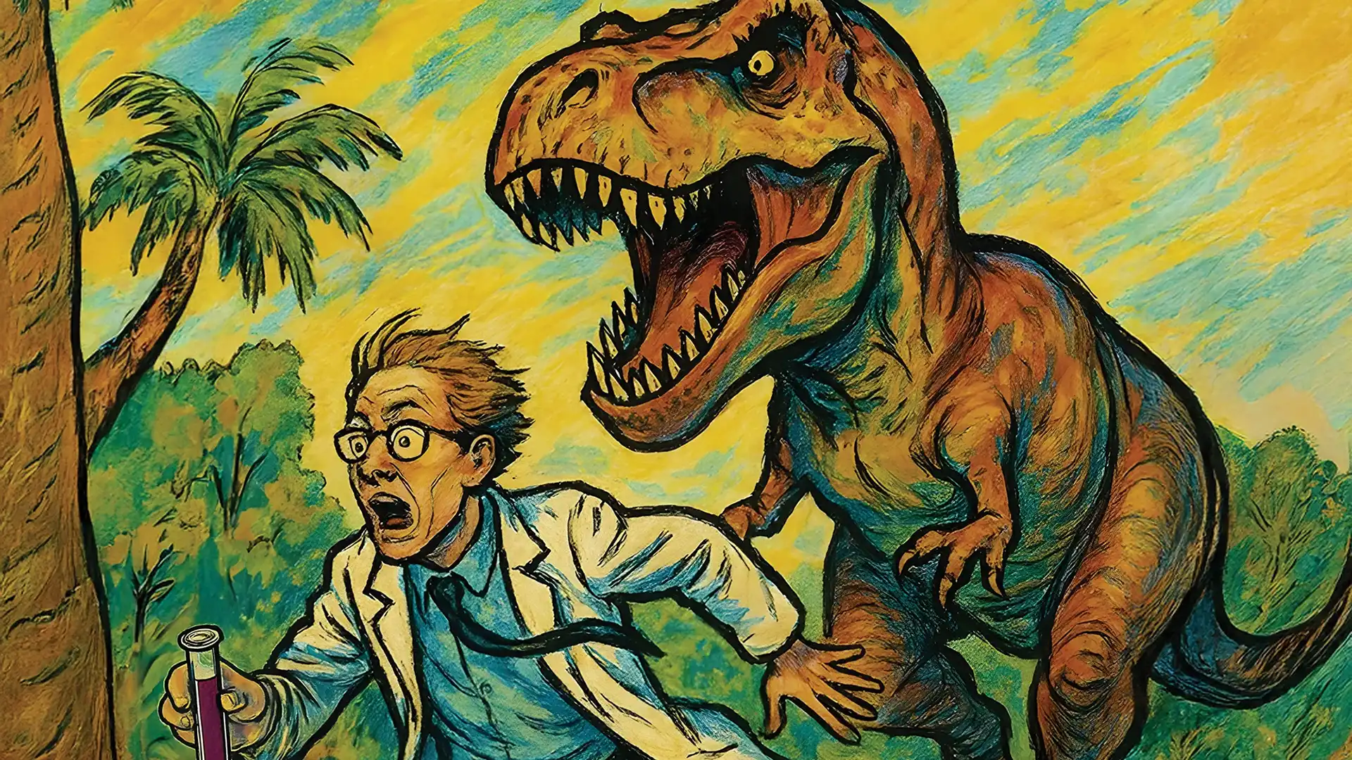 Scott Ott Illustration of Dinosaur Chasing Scientist