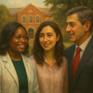 Illustrated People talking outside on campus