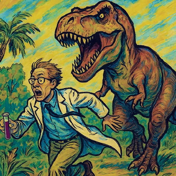 Illustration of dinosaur chasing scientist, Scott Ott