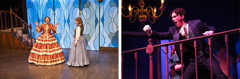 Stage production: Woman in orange dress gesturing, man in suit shouts from balcony.