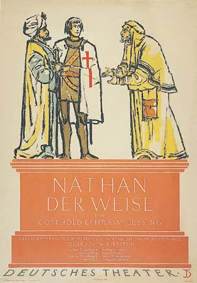 Graphic poster for Nathan der Weise: Crusader between two robed men on a red pedestal.