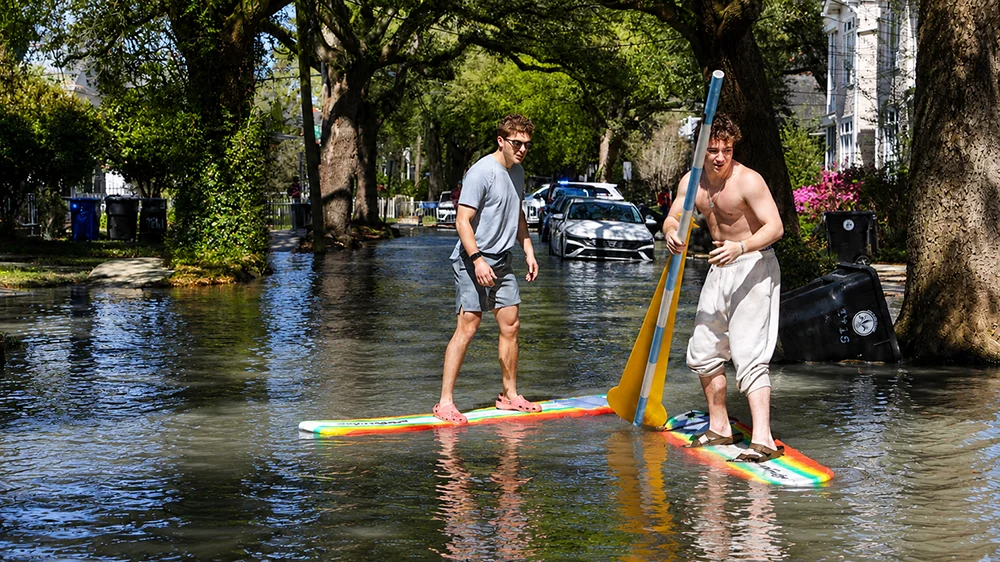 Two men paddleboard down a sunlit, flooded street with trees and houses.