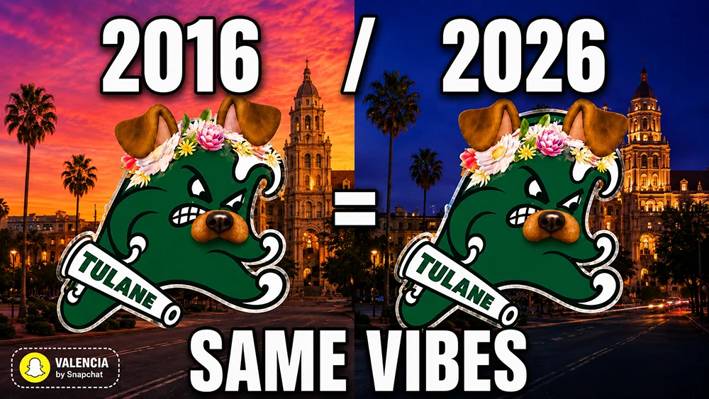Graphic of two identical Tulane bulldog logos with flower crowns and glasses over day and night city