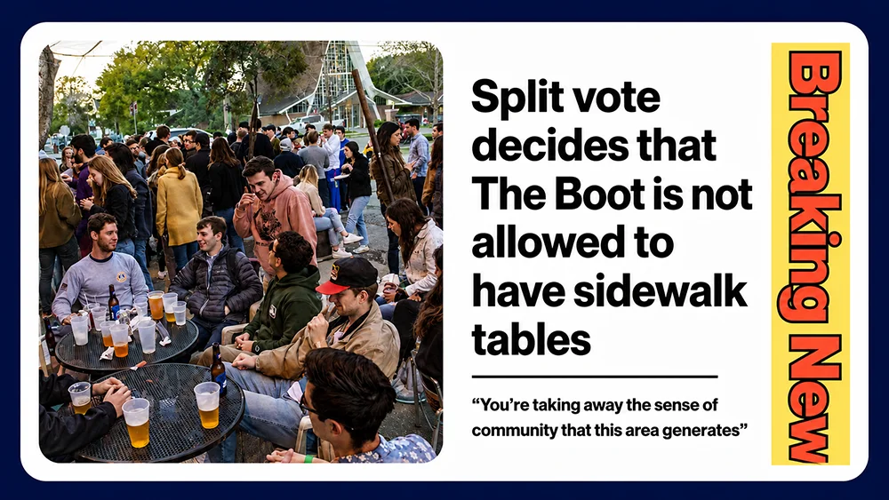 Large crowd of people socializing at outdoor tables with drinks under string lights.