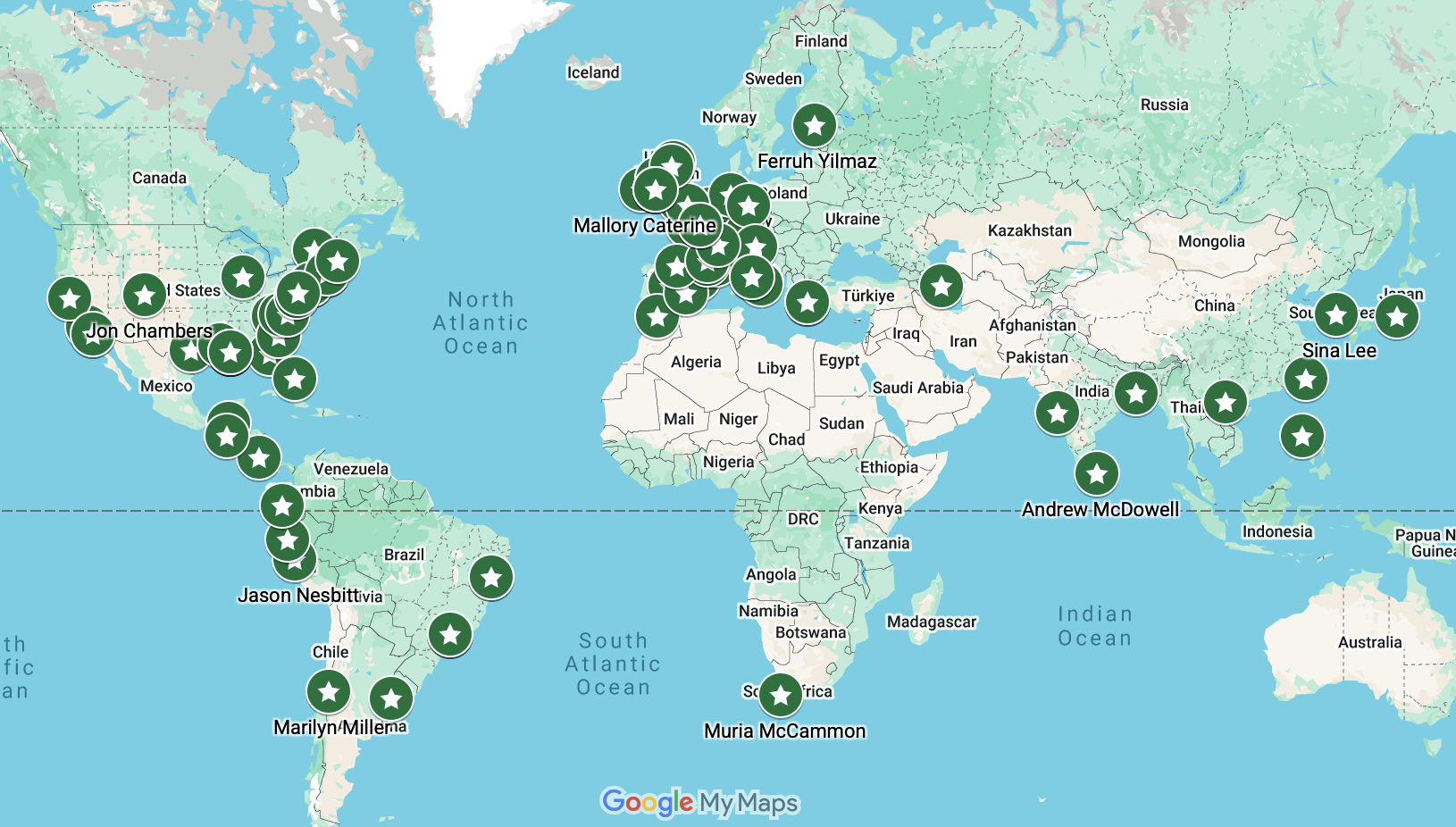 World map graphic with green location markers spread globally.