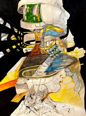 Abstract layered drawing with a face, geometric structures, and a vibrant green landscape.
