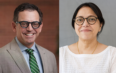 Brian Edwards (man in tan suit with green tie ) and Vyjayanthi Rao (woman with dark hair and white b