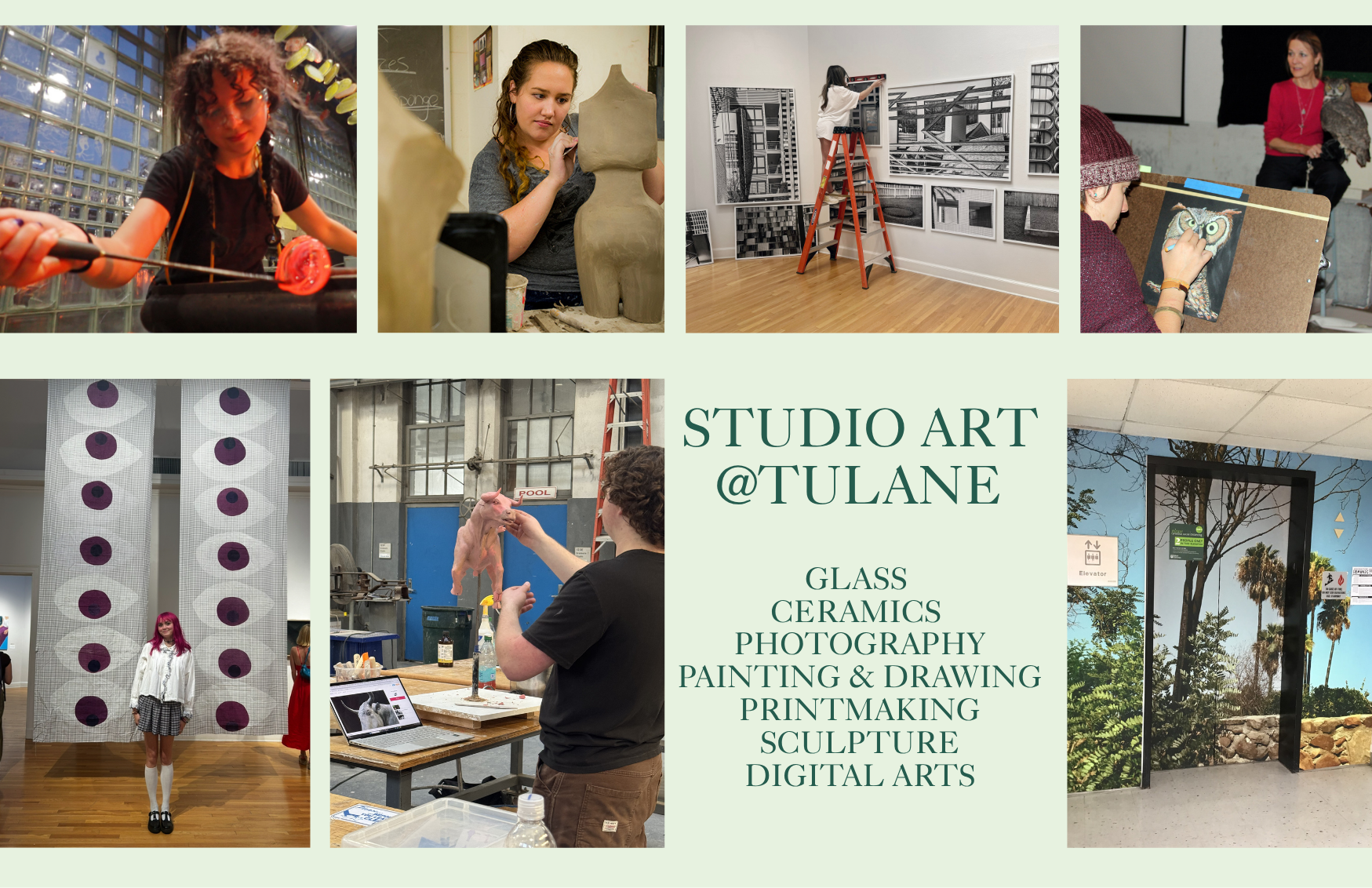 Photos oif students engaged in studio art practices, glassblowing, ceramics, drawing, printmaking, s
