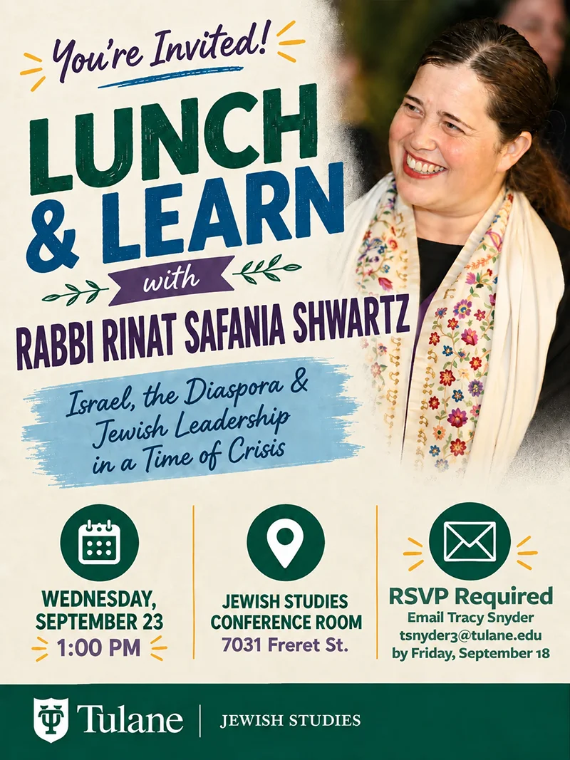 Flyer for Rabbi Safania Shwartz Lunch & Learn event