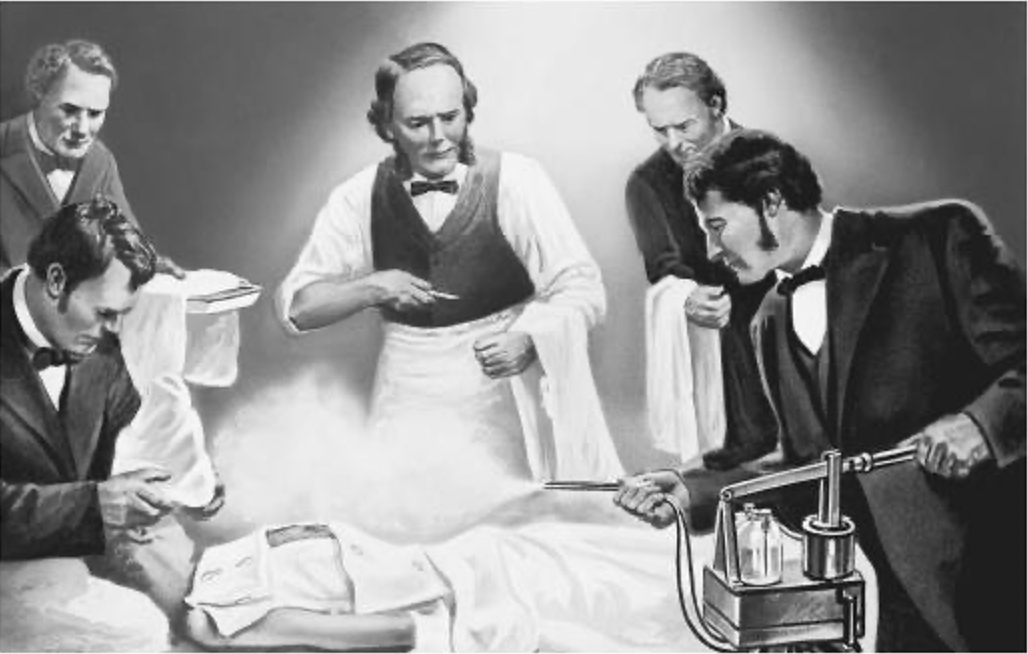 Application of antiseptic spray in the surgical theater, ca. 1870