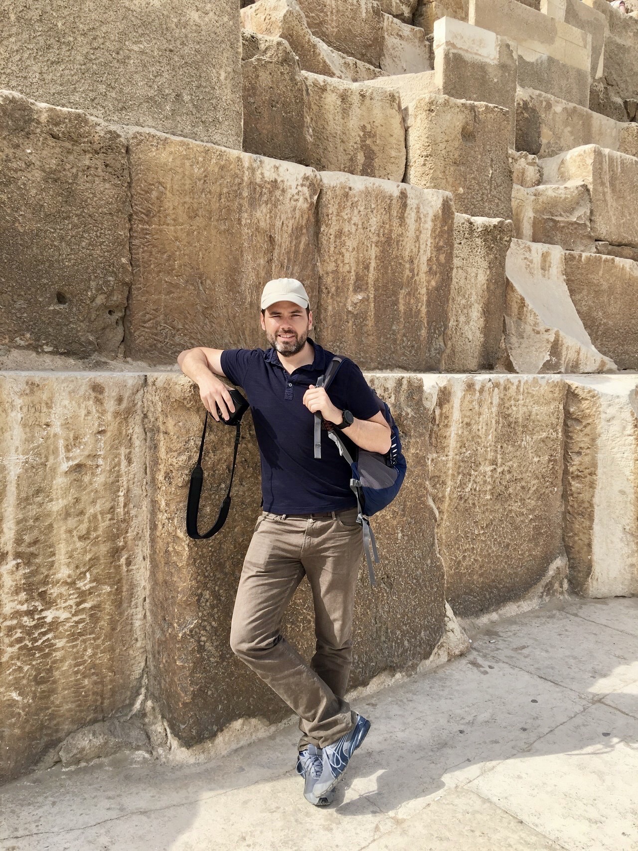Assistant Professor Michael Brumbaugh at the Great Pyramid of Cheops (Khufu) in Giza, Egypt.