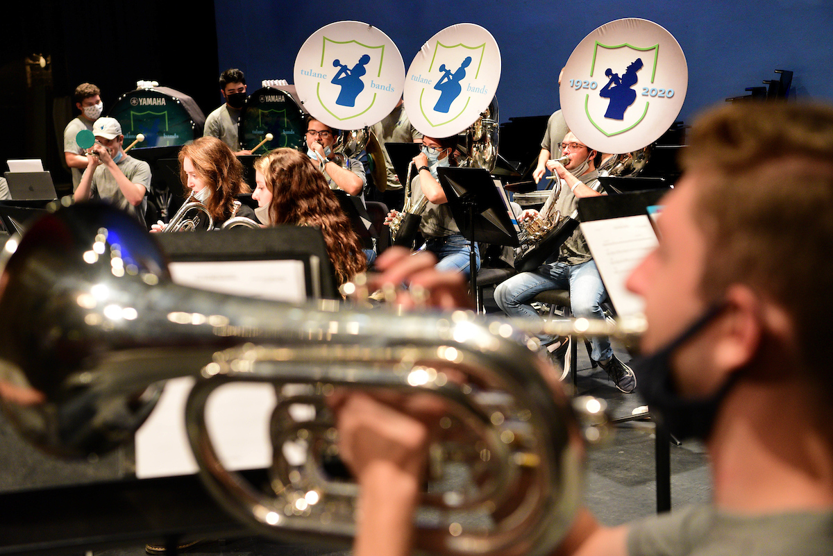 Tulane University Marching Band members rehearse for their performance at the World Expo