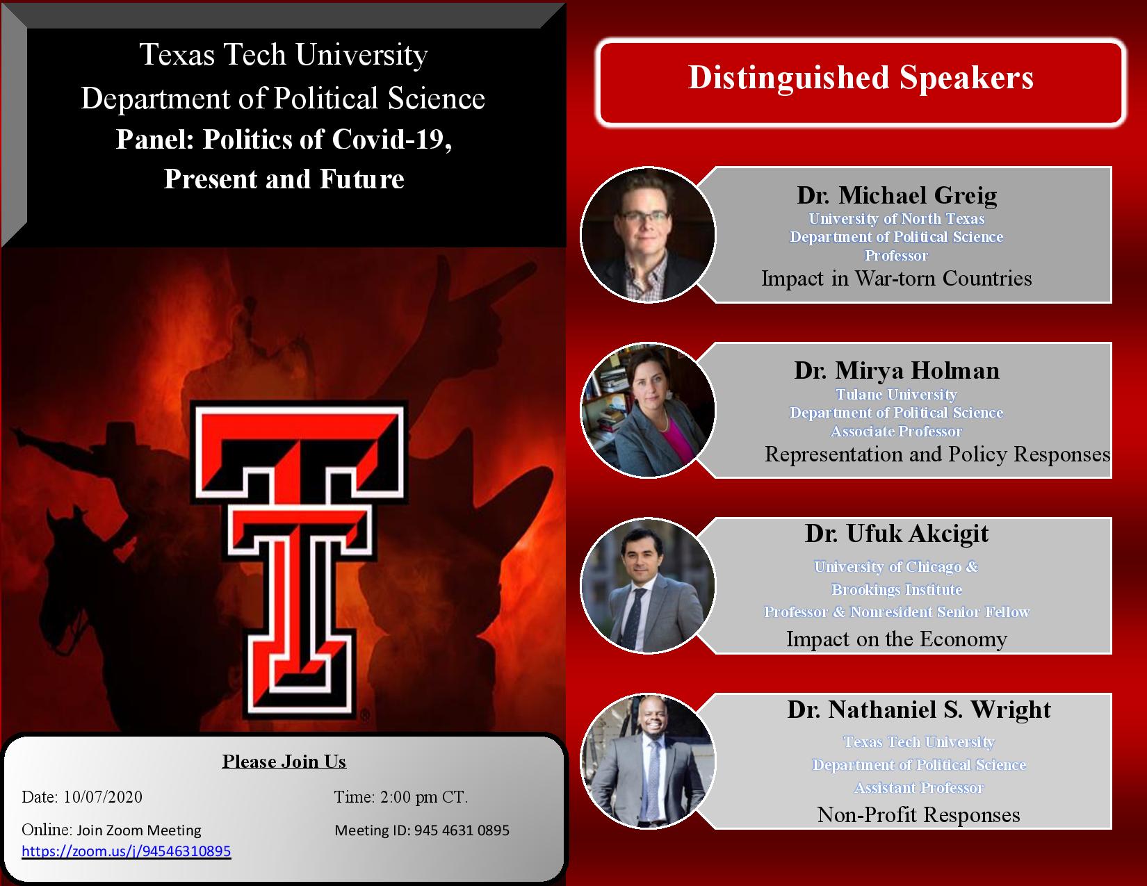 Flyer for a Texas Tech panel event on the Politics of COVID 19, Present & Future