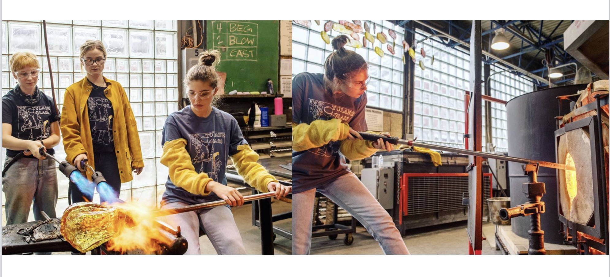 Undergraduate women working glass at Tulane in the Pace-Willson Glass Studio
