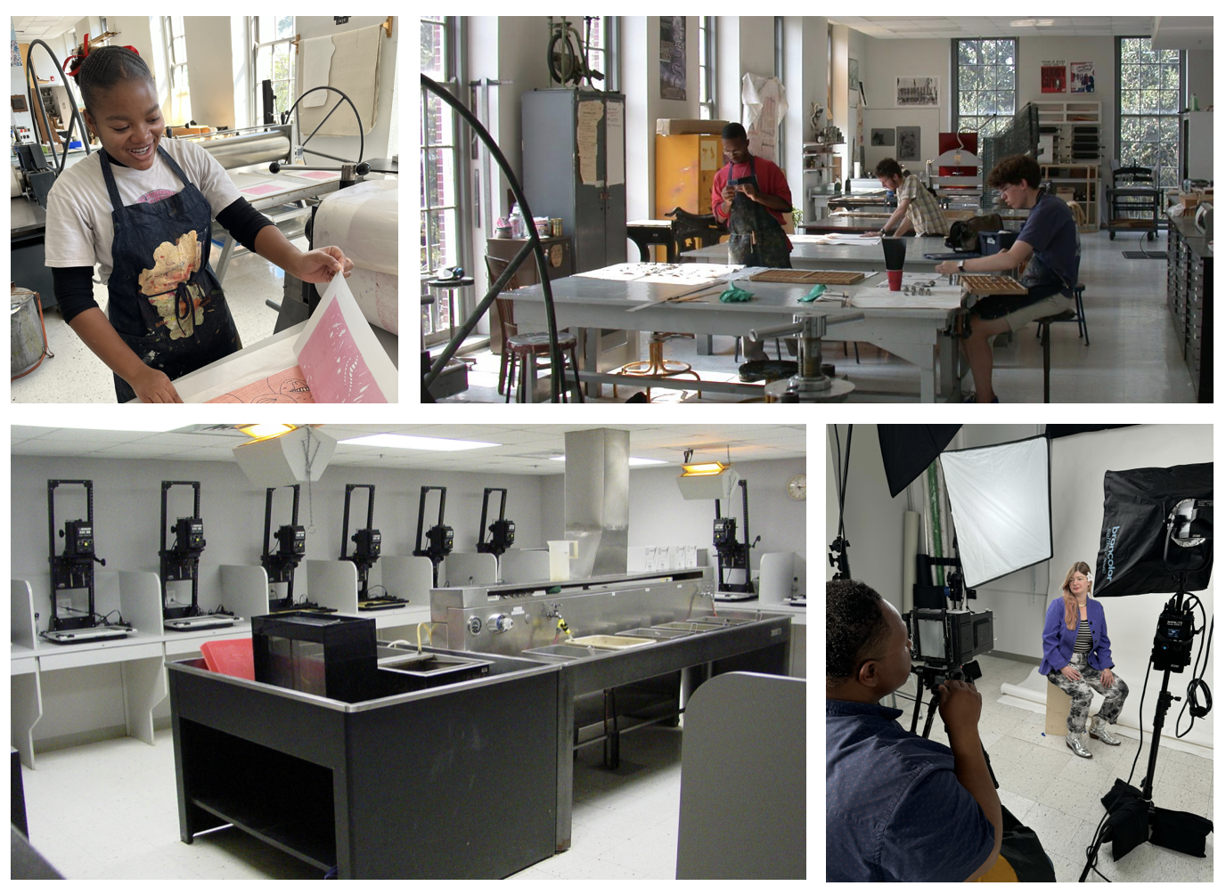collage of four photographs of printmaking and photography studios at Tulane