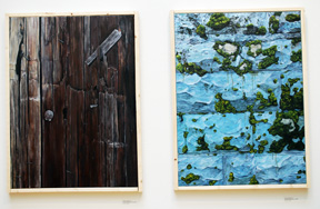 two vertical paintings with left image of textured wood and right image of rough stone painted blue with patches of moss