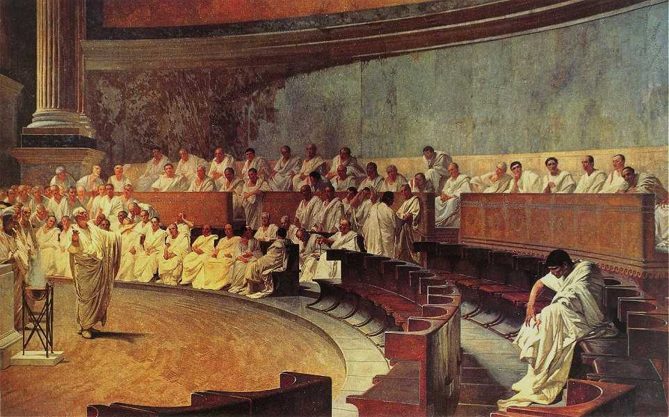 A fresco by Cesare Maccari of Roman senator Cicero denouncing Catiline in the Roman senate