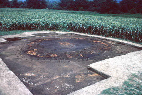 Burned remnants of one of the Cherokee public structures in southwestern North Carolina