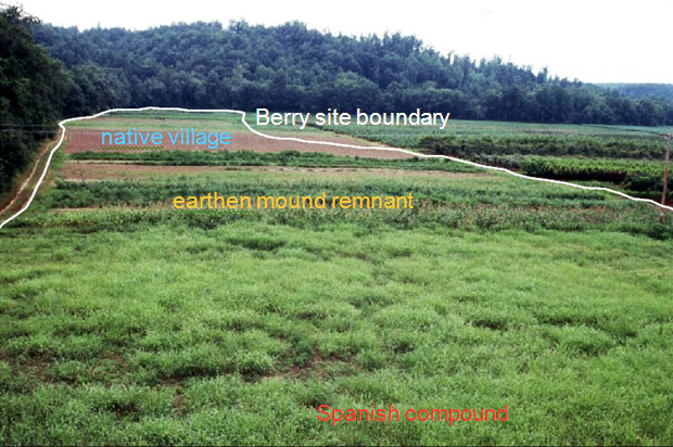 Berry site, showing areas for native village, earth mound, and Spanish compound