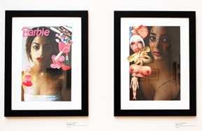 two vertical digital prints, image on left resembles magazine cover with title of Barbie and young woman facing out with dark lipstick; image on right of photo-collaged figure and photograph of young woman facing out