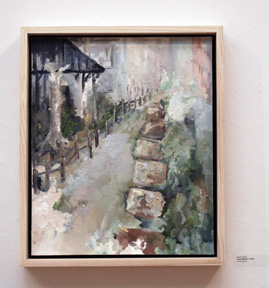 vertical painting of path with architectural covered structure on left and stone wall to right of path