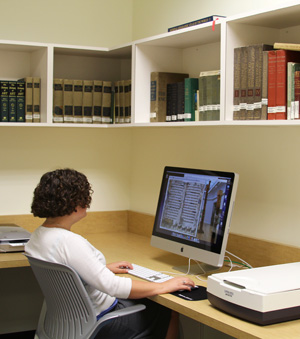 Student at workstation using an image scanner
