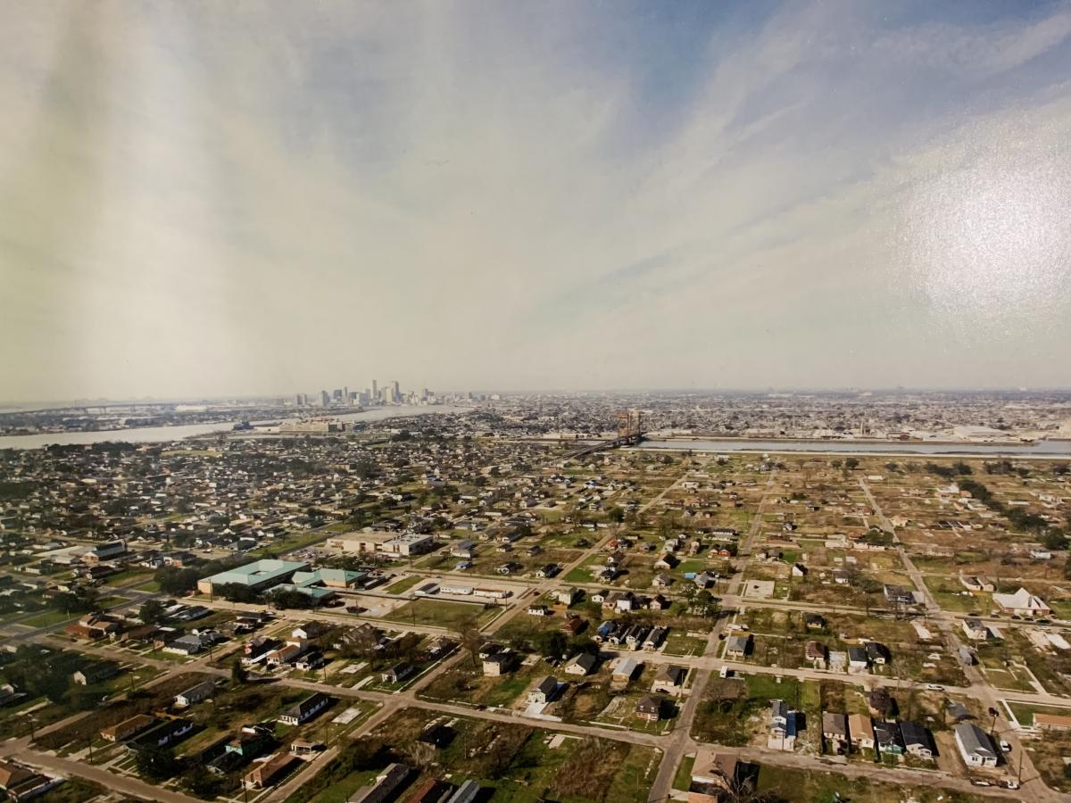 Cityscape of New Orleans showing Lower Ninth Ward in foreground.