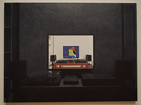 painting of a dark room with a monitor showing furniture and a video of green skinned Pinocchio