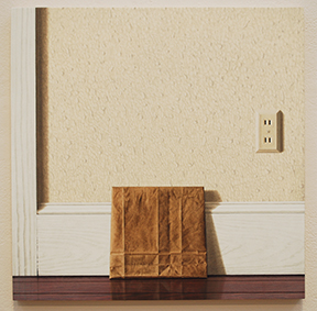 painting of a textured wall with a square object wrapped in a recycled brown paper bag