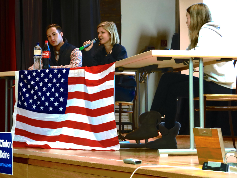 Barker and others taking part in a high school US election watch party