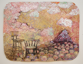 wall-hung fabric, paint and paper collage including chairs and sea urchins