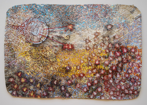 collage made of paper, cloth and paint, with image of swarm of ticks
