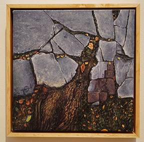 painting of broken slate tile, roots and soil