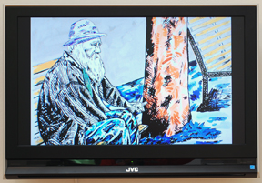 video monitor with still from hand-animated digital work with old man at sea