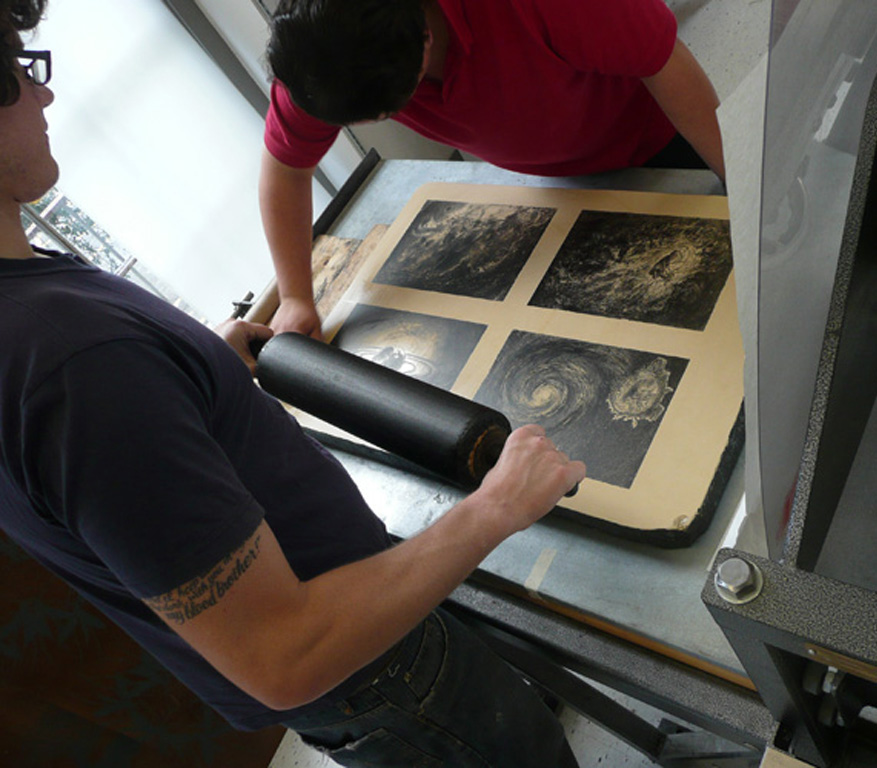 Students working on a series of prints in the Newcomb Art Department Print Shop