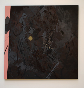 painting of dark black with small yellow disk and pink vertical stripe