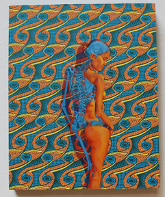 painting of standing figure in orange and blue, with some bones visible, with patterned background