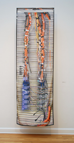 vertical hanging silk piece printed with image of computer hardware