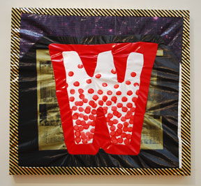 fabric collage with red W