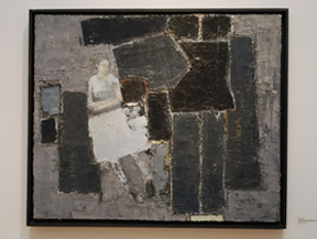 framed painting of a woman with arms crossed amidst field of black and gray rectangles
