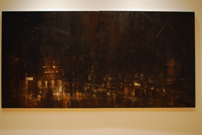 dark horizontal painting with hazy lights visible