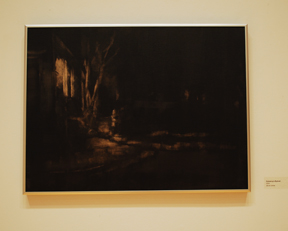 dark painting with windows emitting light